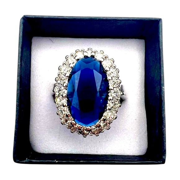 Blue Gem with CZ Halo Cocktail Ring Size 8 - Picture 1 of 3